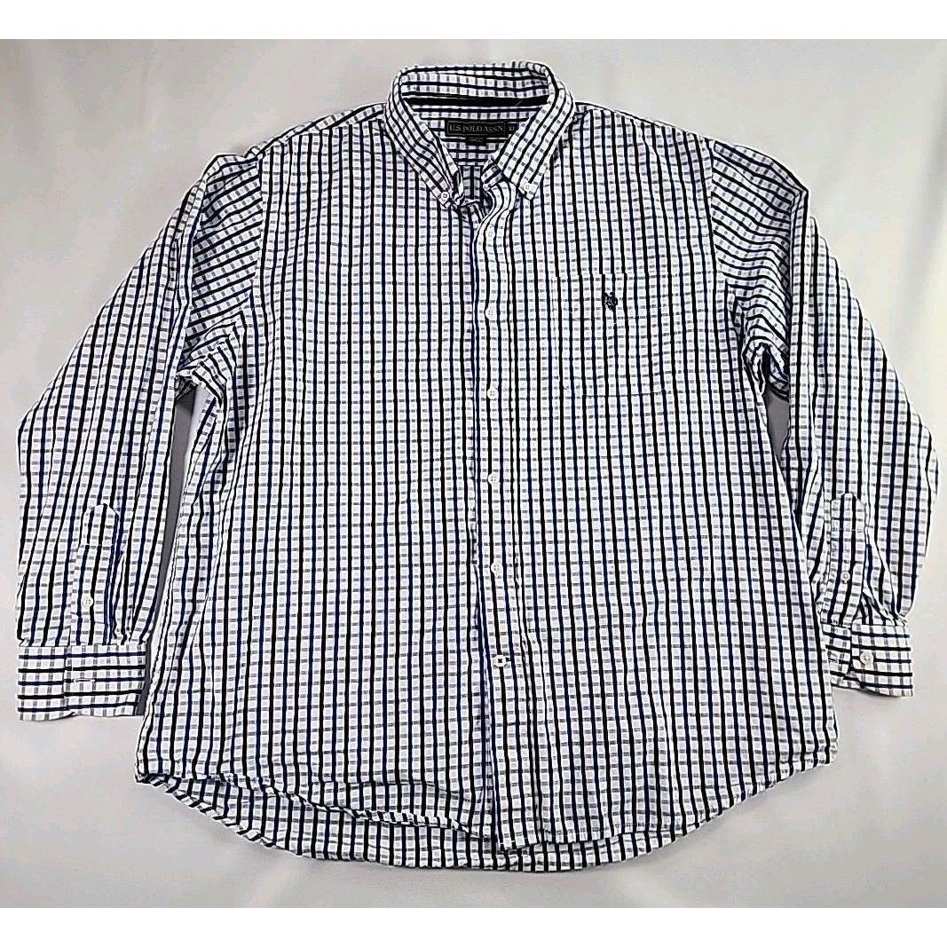 U S Polo Assn Men's Size Xl Long Sleeve Button Down Plaid Shirt White/Blue/Blk.
